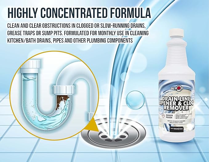 DU-MOST Drain Line Opener & Clog Remover, Concentrated Alkaline Based Cleaner, Non-Fuming, Non-Acid, Dissolve & Remove Obstructions in Clogged or Slow-Running Drain, Plumbing Safe, 32 Oz (Pack of 2)