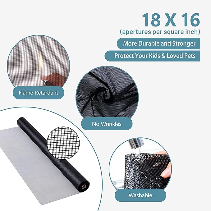 Pet Screen Replacement Door Repair Kit 72'' x 2 Feet Thicken Charcoal Fiberglass Pet Screen Mesh Scratch- Against for Families with Cat or Dog Suitable for Windows, Doors and Porches