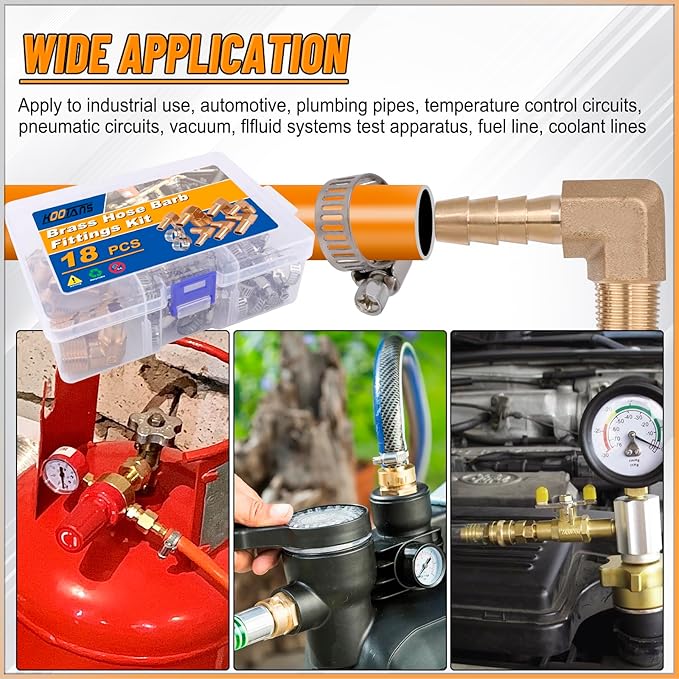 KOOTANS 18PCS Brass Hose Barb Fittings 90 Degree Elbow Barb to NPT Male Thread Adapter Kit 1/4" 5/16" 3/8" Barbed Air Hose Fittings with 30pcs Pipe Clamps for Water Fuel Air Line Connector Fitting