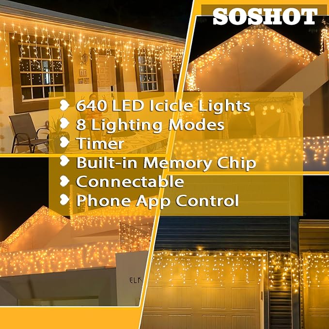 Christmas String Lights Outdoor - 49Ft/15M 640 LED 8 Modes with Remote Control and App Waterproof Christmas Lights for Patio Yard Garden Wedding Party-Warm White