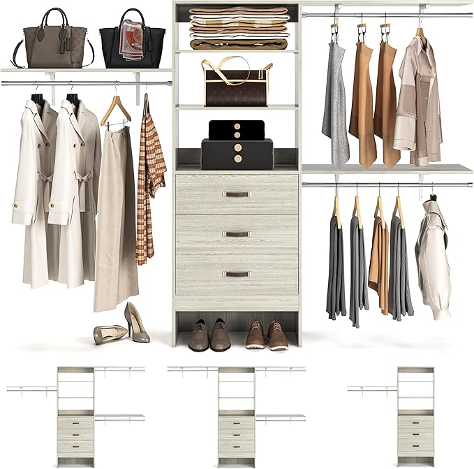 armocity 96 Inches Closet System, 8FT Walk In Closet Organizer with 3 Shelving Towers, Heavy Duty Clothes Rack with 3 Drawers, Built-In Garment Rack, 96" L x 16" W x 75" H, Load 1000 LBS, White Oak
