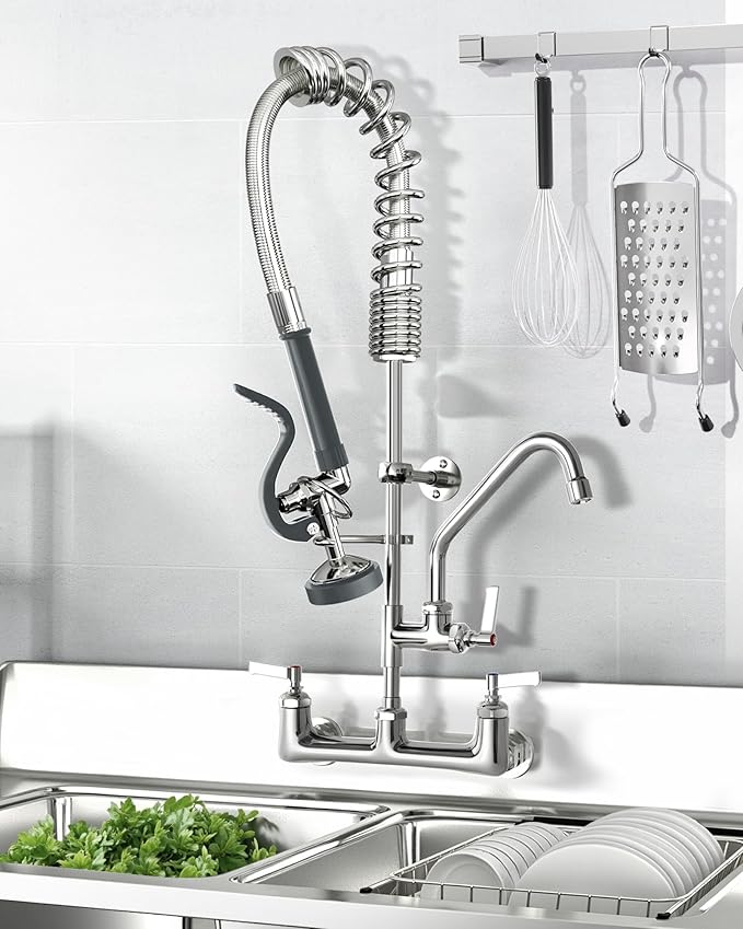 Commercial Kitchen Faucet Heavy Duty Wall Mount Sink Faucet, 8 Inch Center 25 Inch Commercial Kitchen Faucet with Pre-Rinse Sprayer （Grey） and 10 Inch Add-On Spout for 1,2,3 Compartment Sinks
