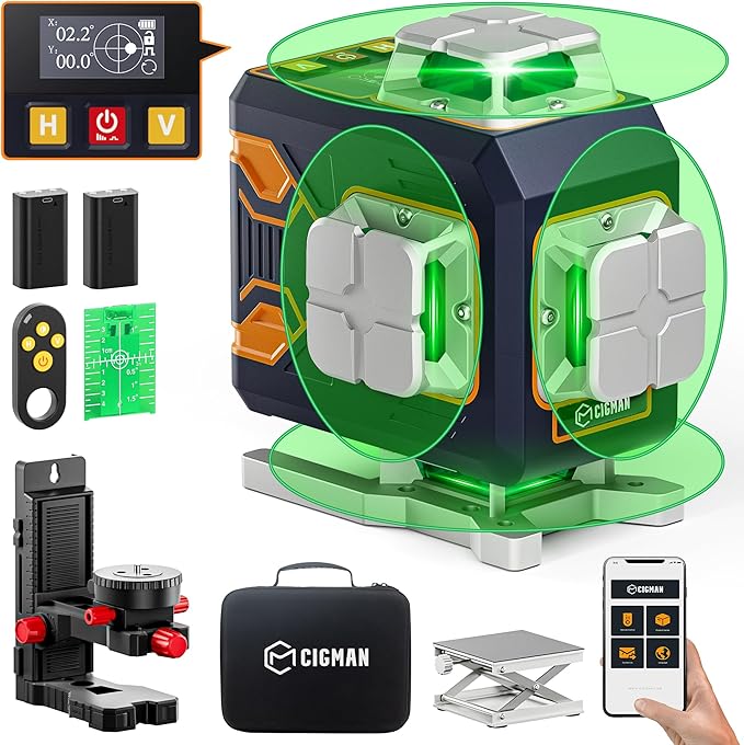 CIGMAN 4x360° 16 Lines Laser Level with Remote&APP Control, Green Self Leveling Cross Line Laser, 4D Vertical/Horizontal Line for Construction, Home Renovation, Picture Hanging