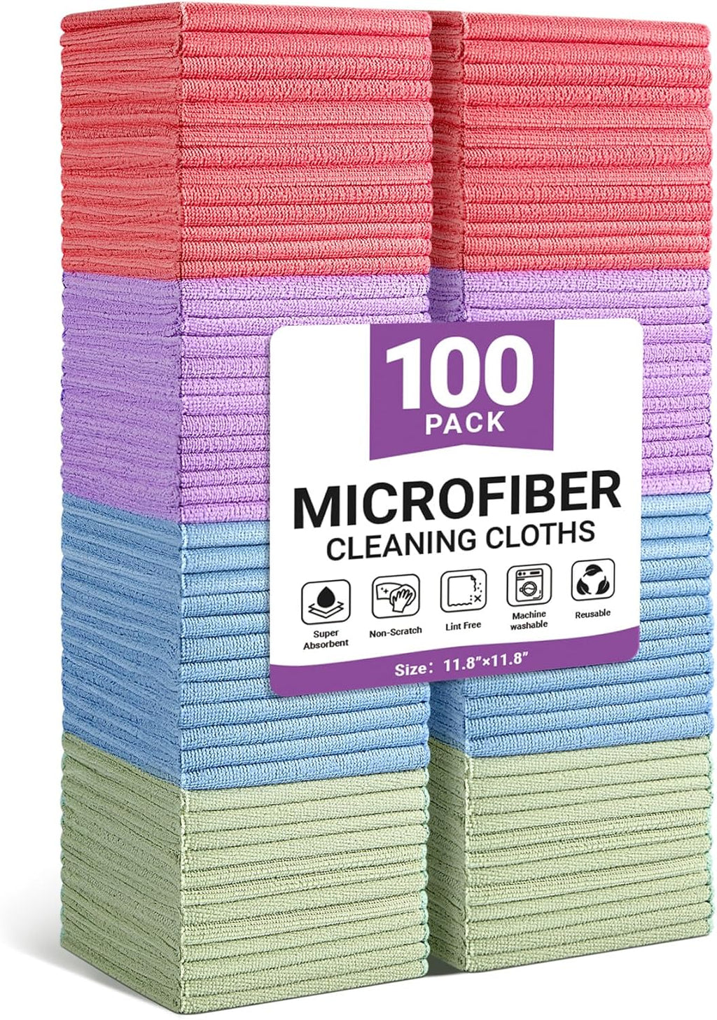 Microfiber Cleaning Cloth, 100 Pack Assorted Color Cleaning Rags for Housekeeping, Colorful Reusable Microfiber Towels for Car, Kitchen, Bathroom and Household Cleaning Supplies, 11.8"X11.8"