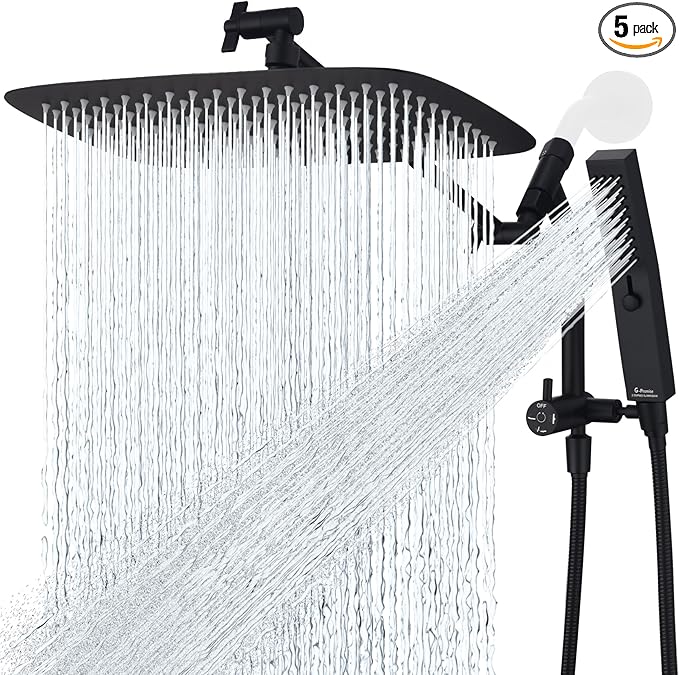 G-Promise All Metal 14 Inch Shower Head with Massage Mode Handheld, Rain Shower Head with Handheld Spray Combo, 3-Way Diverter with Pause Setting, 12 Inch Adjustable Extension Arm (Matte Black)