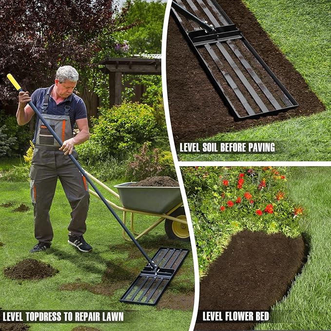 Jardineer Lawn Leveling Rake 36 Inches with 72 Inches Long Handle, Yard Leveling Rakes for Grass Soil, Lawn Leveler Rake Heavy Duty, Ground Dirt Leveler for Yard