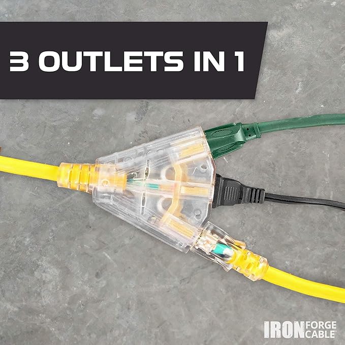 Iron Forge Cable 10 Gauge 100ft Lighted Outdoor Heavy Duty Extension Cord with 3 Outlets - 15 Amp 10/3 SJTW Yellow Extension Cord with Multiple Outlets