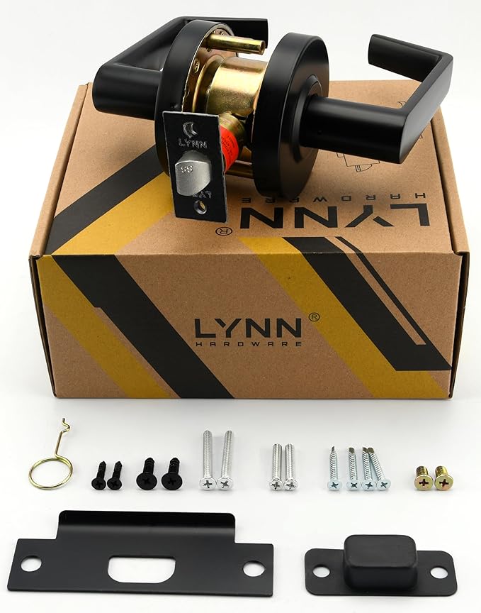 LYNN HARDWARE Commercial Door Lever Lock - Heavy-Duty Locking Door Handle, Designer Door Handles, Cylindrical Lever Lock, Non-Handed Grade 2 Door Handle, Matte Black, Passage/Closet