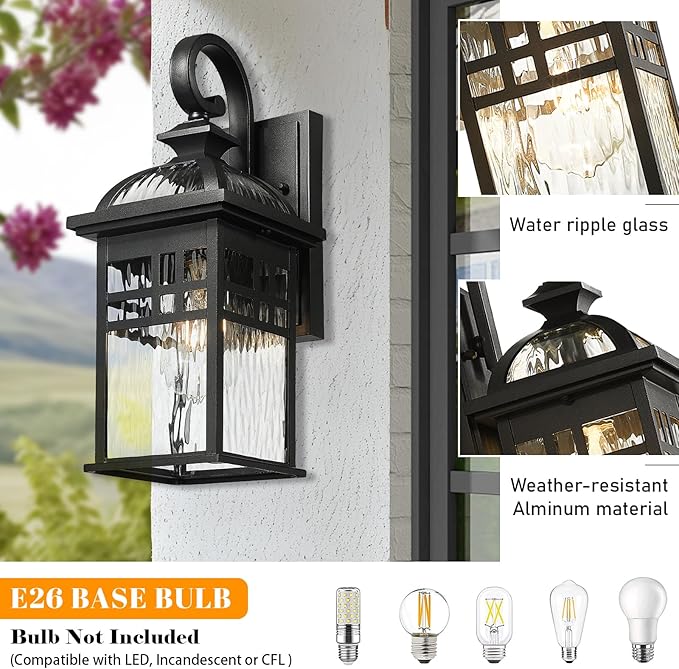 Outdoor Wall Light Exterior Waterproof Wall Sconce Light 22 Inch Height Black Porch Light with Water Ripple Glass E26 Socket