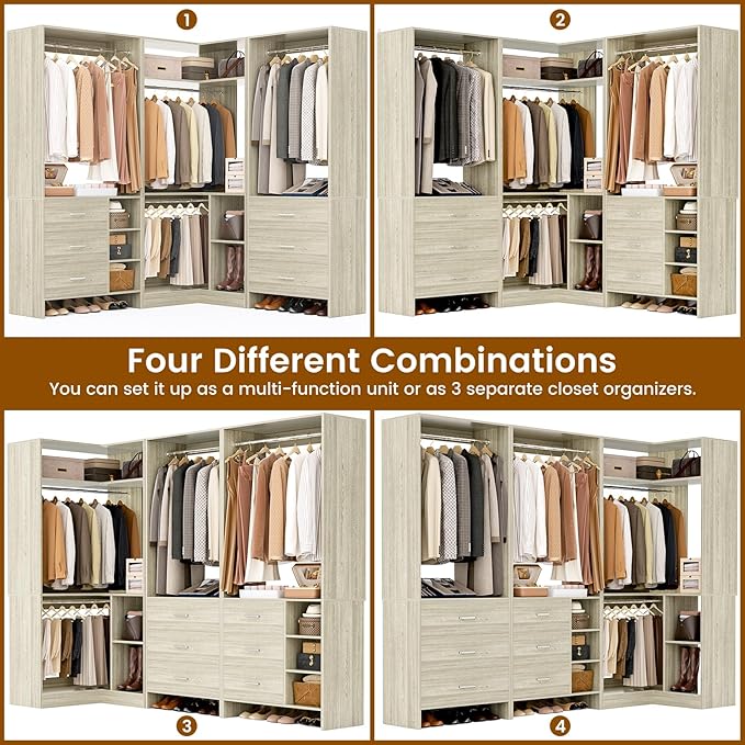 Aheaplus Closet System with 6 Drawers, 4 Hanging Rods & Corner Tower, Corner Closet System with Hanging, 86.8" L-Shaped Walk-In Wardrobe Organizer, 2000+ lbs Capacity, Set of 3, White Oak