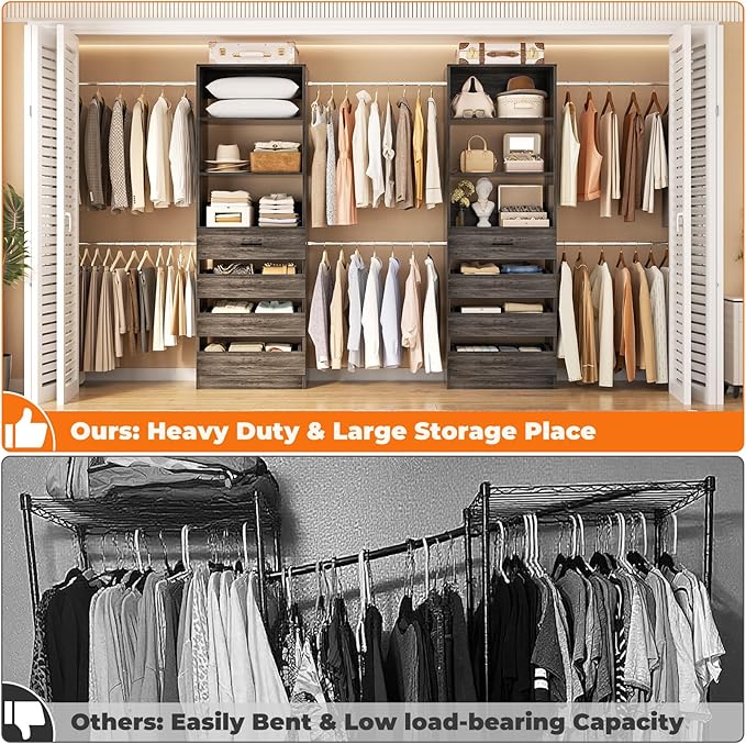 Aheaplus Closet System Set of 2, 4-9Ft Wood Closet Organizer with 8 Drawers & Shelves, Closet Organizer System with 8 Hanging Rods, Walk-in Closets Organizer Wardrobe Closet Rack, Black Oak1
