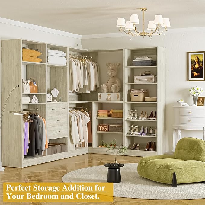 Unikito 110” Closet System with Drawers, 9.3FT Corner Closet Organizer with 4 Hanging Rods, Reversible Large Wood L Shaped Walk in Closets Wardrobe with Shoe Shelves, Set of 4, White Oak
