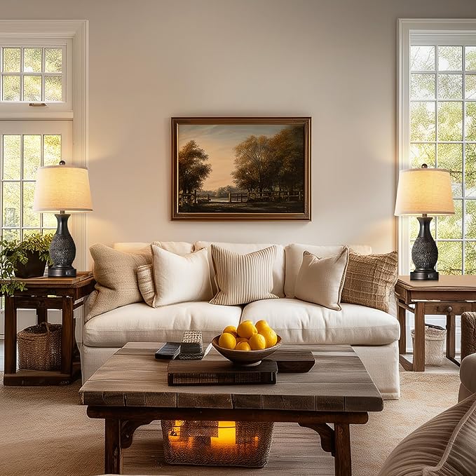 PARTPHONER Table Lamps Set of 2, Bedside Touch Lamp with USB C+A Charging Ports, Side Table Lamp with Linen Fabric Shade (LED Bulbs Included), Black with Gold Accents