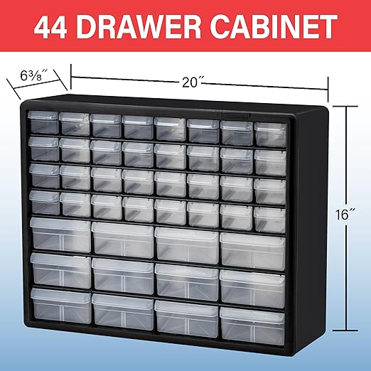 Akro-Mils 44-Drawer Plastic Drawer Storage Cabinet for Garage Organization, Bead Organizer, Building Bricks Storage, Teacher Toolbox, Makeup Organizer, 20" W x 6" D x 16" H, 10144 Red