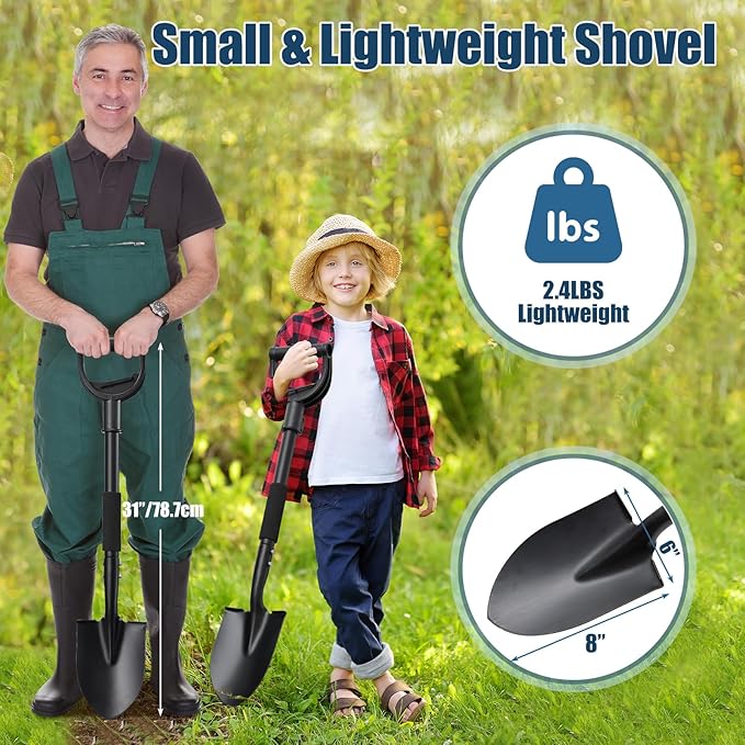 31" Compact Garden Shovel with D-Grip Handle - Rust-Proof Lightweight Metal Tool for Raised Beds, Tight Spaces & Emergency Use (Kids/Adults Friendly), Black