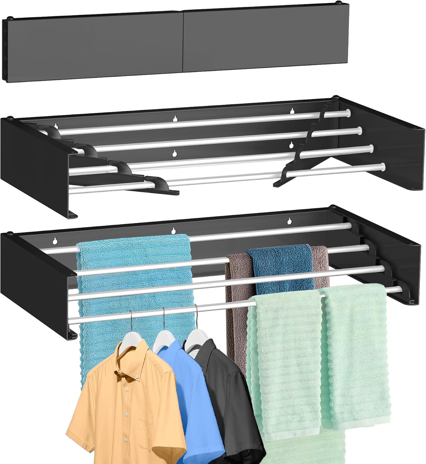 FOCHIER F Laundry Drying Rack Wall Mounted Clothes Drying Rack Collapsible with 5 Aluminum Rods and Drilling Template Long Screwdriver Bit 60 lbs Capacity (Black, 23.6“)