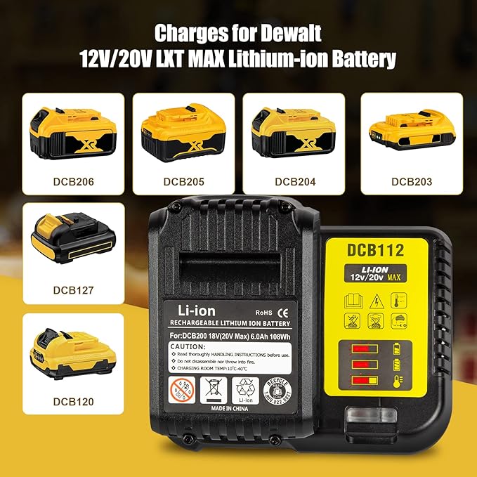DCB112 20V MAX Battery Charger Replacement for Dewalt Battery Charger, Compatible with Dewalt 12V-20V Battery(Black)