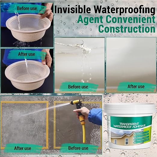 5Kg/202Fl.oz Transparent Waterproof Coating Invisible Waterproof Agent Set with Indoor&Outdoor Insulating Sealant with Wooden Brush Putty Knife Cut Resistant Work Gloves Paint Roller(6L/1.58Gal)