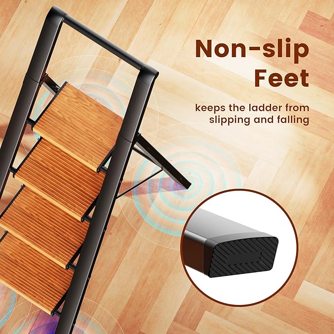 GameGem 4 Step Ladder, Lightweight Aluminum Folding Step Stool with Convenient Handgrip, Stepladders with Anti-Slip and Wide Pedal for Home Use Space Saving - Black+Woodgrain