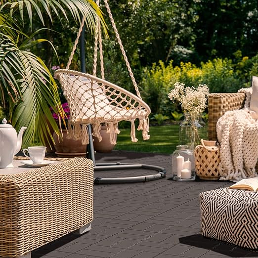 Goovilla Plastic Interlocking Deck Tiles, 9 Pack Outdoor Patio Flooring, 12"x12" Interlocking Decking Tile Outdoor All Weather Use, Waterproof Patio Pavers for Pool Balcony Backyard Porch, Dark Coffee