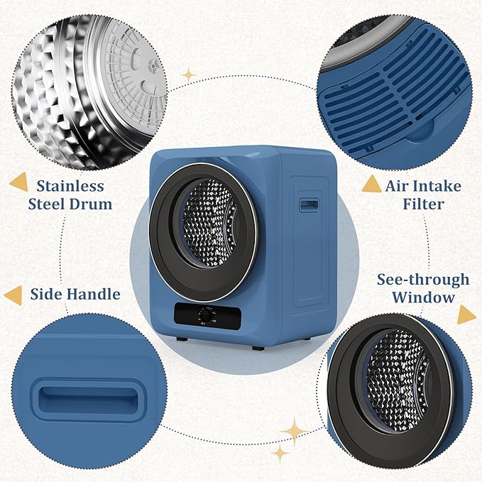 Auertech 1.5 Cu.Ft Portable Clothes Dryer, 850 W Front Load Electric Dryer Machine with Stainless Steel Drum, Simple Control Knob, Compact Tumble Dryer for Laundry Apartment, Dorm, RV, Blue