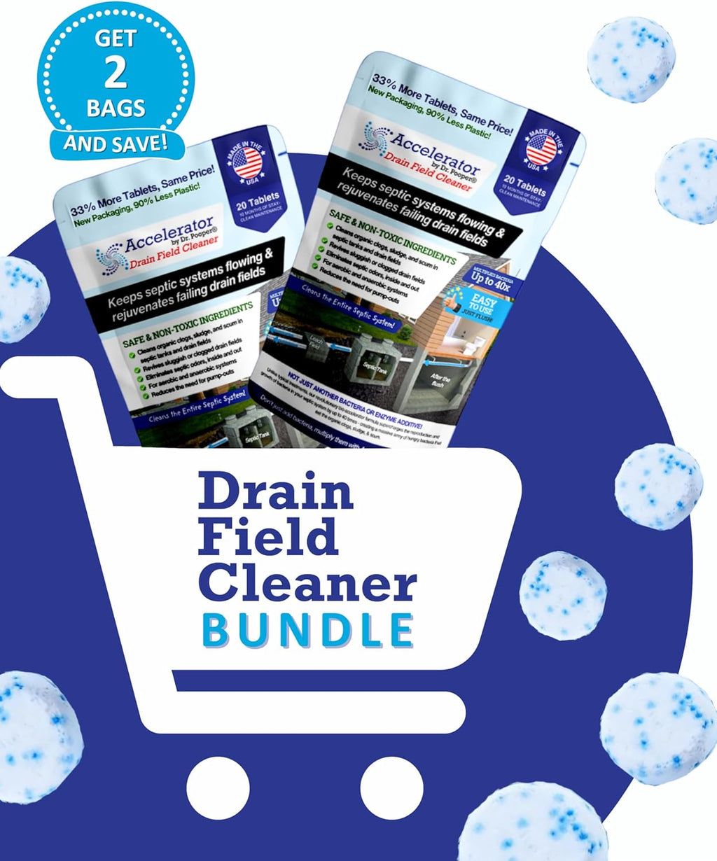2-Pack Value BUNDLE of Drain Field Cleaner Tablets by Dr Pooper. Clears Septic Tanks and Drain Fields of Tough Clogs, Scum, Sludge AND Eliminates Odors FAST - Aerobic & Anaerobic Systems, Just Flush