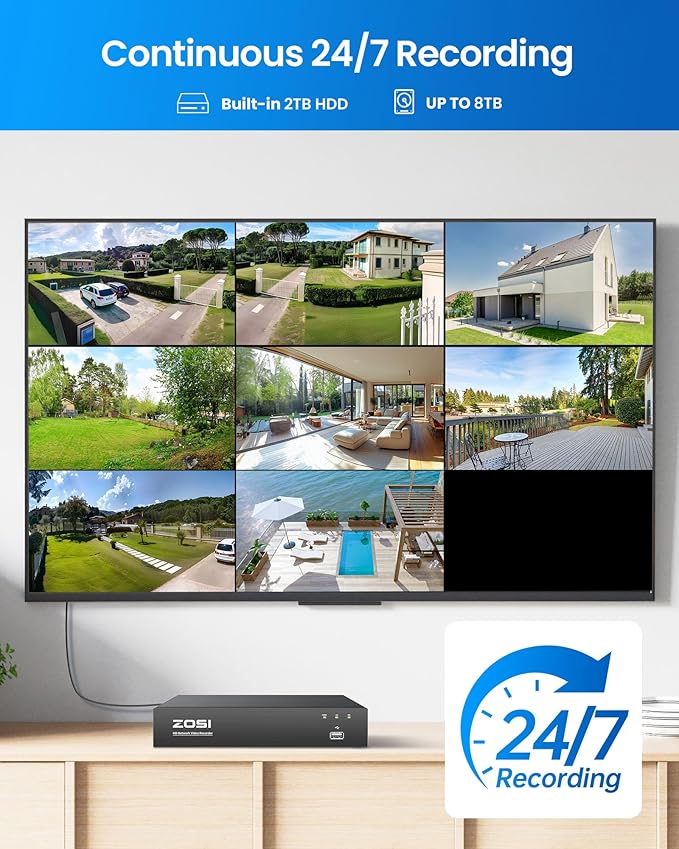 ZOSI 4K PoE Security Camera System,4pcs 8MP Indoor Outdoor Bullet Cameras with Person Vehicle Detection,People Counting,One-Way Audio,100ft Night Vision,4K/8MP 8CH NVR with 2TB HDD for 24/7 Recording