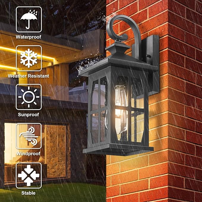 Darkaway Outdoor Light Fixtures Wall Mount, Outdoor Wall Lights Exterior Lighting Fixtures Waterproof Black Outside Wall Sconce with Seeded Glass for House Porch Hallway Garage Front Door