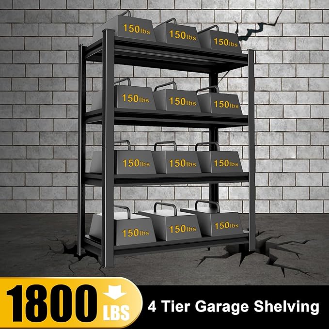 40" W Garage Shelving Heavy Duty, 1800LBS Loads Garage Storage Shelves Heavy Duty, 4-Tier Metal Shelving Units and Storage Racks, Industrial Utility Shelf,40" Wx16 Dx72 H, Black