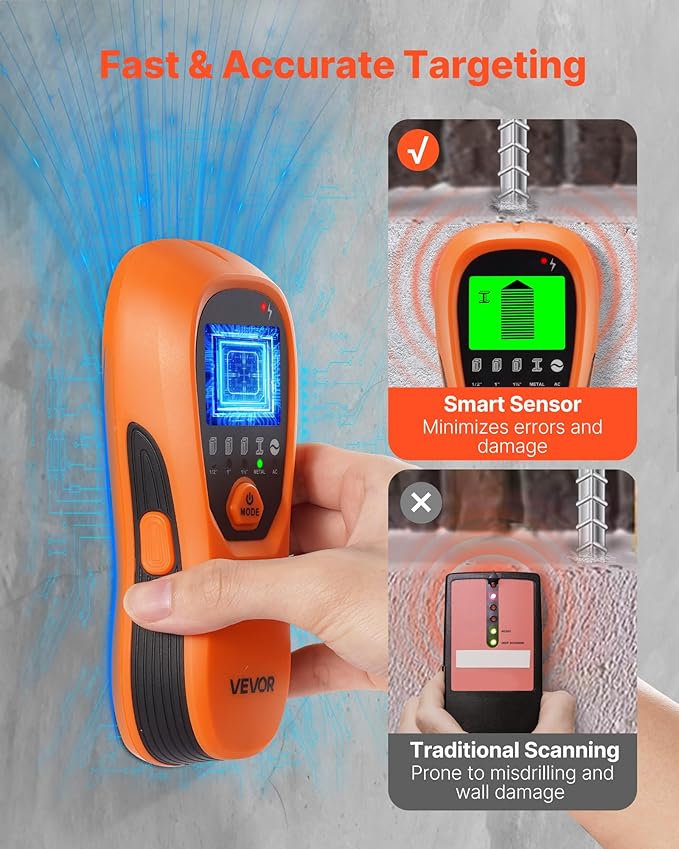 VEVOR Stud Finder Wall Scanner, 5 in 1, Electronic Wall Stud Detector with Smart Sensor, High-Definition LCD Display and Audio Alarm, for the Center and Edge of Metal, AC Wire, Joists, Pipes, Orange