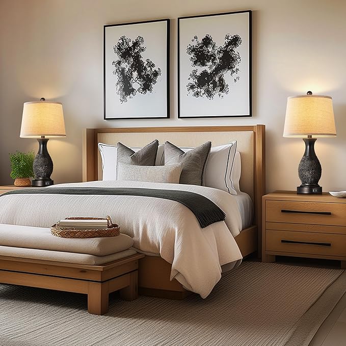 PARTPHONER Table Lamps Set of 2, Bedside Touch Lamp with USB C+A Charging Ports, Side Table Lamp with Linen Fabric Shade (LED Bulbs Included), Black with Gold Accents