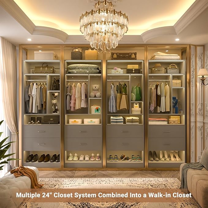 Freestanding 24" Closet System with 2 Wood Drawers, 2FT Small Closet Organizer System with 6 Shelves & Hanging Rod, Walk-in Closet Systems for Small Closets, Grey (24" L x 15" W x 80" H)