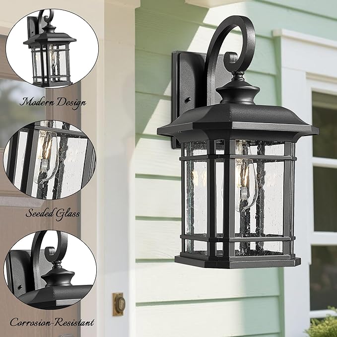 Exterior Wall Sconce, Outdoor Waterproof Wall Mount Light Fixture, E26 Socket Anti-Rust Matte Black Finish Outdoor Lighting Fixture,Outside Lantern Lamp with Seeded Glass (Black, 15.96 Inch Height)