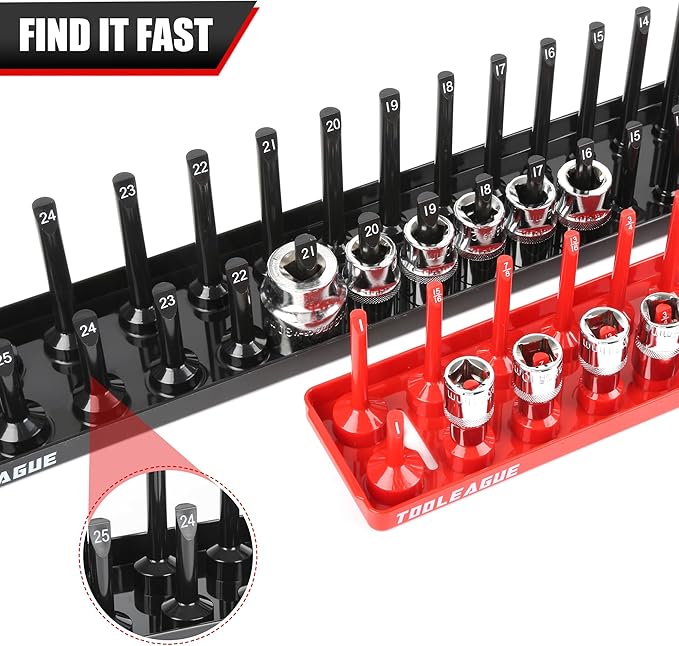 TOOLEAGUE 7Pcs Socket Organizer Tray and Magnetic Wrench Holder Set,Red SAE & Black Metric, 1/2", 1/4", 3/8" Socket Storage Trays for Tool Box Drawer