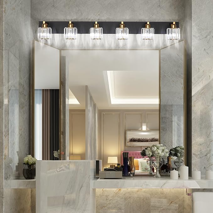 Aipsun Bathroom Light Fixtures Crystal Vanity Light Black and Gold 6 Lights Vanity Lighting Fixtures (Exclude Bulb)