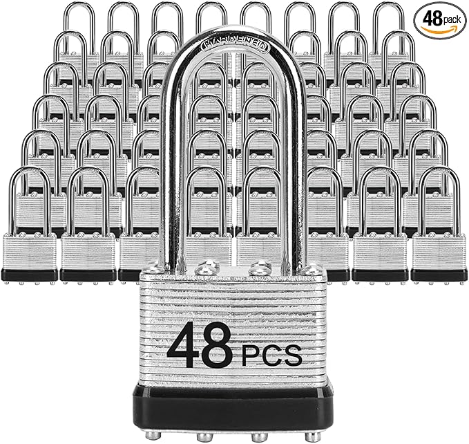 Padlocks with Same Key, LQYN 48 Pcs Laminated Keyed Padlock (1-9/16", 40mm), Keyed Alike Locks, Long Shackle, for Storage Locker, Hasp Latch, Toolbox, Sheds