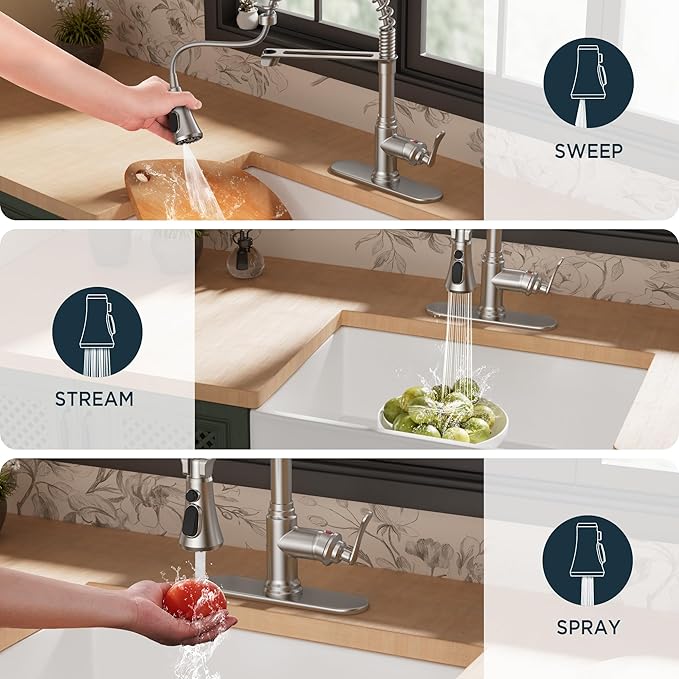 FORIOUS Rustic Kitchen Faucet with Pull Down Sprayer Brushed Nickel, 3 Modes Stainless Steel High Arc Vintage Spring Sink Faucet 1 or 3 Holes for Pot Filler, Farmhouse Camper Wet Bar