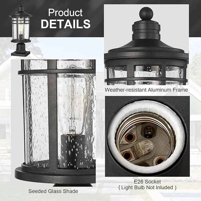 Darkaway Large Outdoor Post Lights Lamp Posts Outdoor Lighting, 17inch Aluminum Post Lights Waterproof Outdoor Light Fixtures with Glass, Light Posts for Outside Patio Yard (Large, Black)