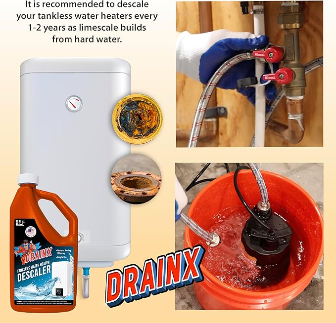 DrainX Tankless Water Heater Flushing Kit with Eco-safe Liquid Descaler Solution, Steel Hoses, 1/6HP Extra Strength Pump