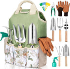 Gardening Tool Set 10 Pieces, Heavy Duty Stainless Steel Garden Tool Set Hand Tools with Roomy Lightweight Floral Tote Bag, Rust-Proof Garden Tools for Gardening, Ideal Gardening Gifts for Women Mom