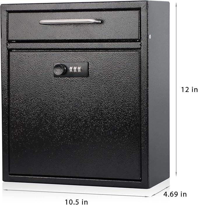 KYODOLED Steel Combination Lock Mail Boxes Outdoor, Locking Wall Mount Mailbox, Security Key Drop Box,12H x 10.51L x 4.68W Inches, Black Large
