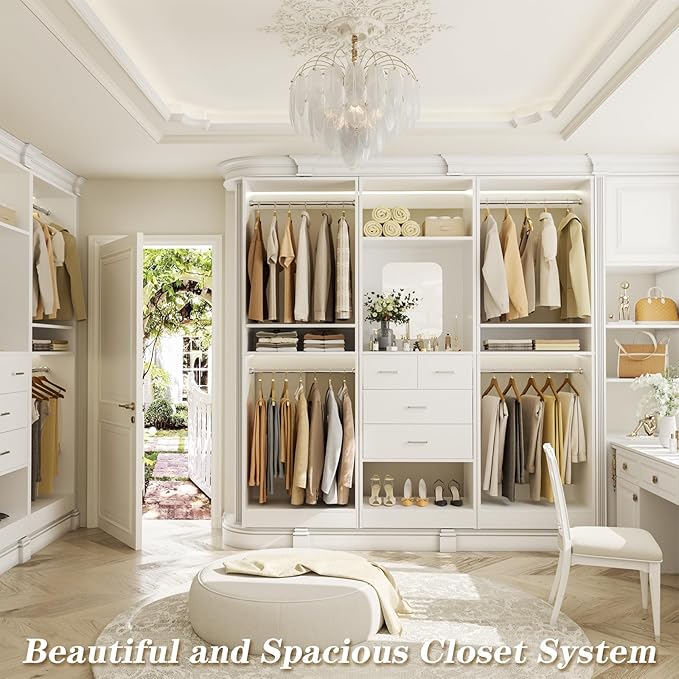 Unikito 75 Inch Closet System with 4 Drawers, 6.3FT Walk in Closet Organizer with Hanging Rods and Mirror Design, Reversible Large Closet Wardrobe with Shelves, Adjustable Closet Tower, White