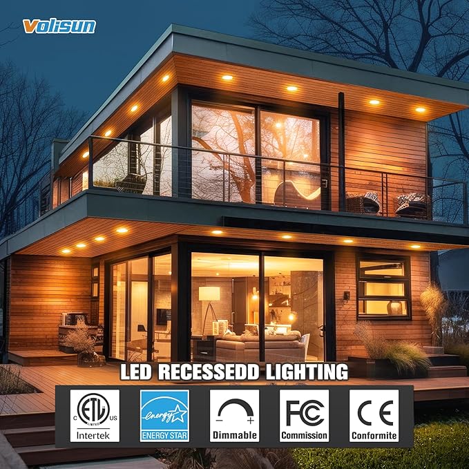VOLISUN 24 Pack 4 inch Recessed Lighting, 5CCT LED Recessed Light with Junction Box, 2700K-5000K Selectable, 9.5W Eqv 80W, 810LM Dimmable Canless Wafer Downlight, LED Ceiling Light ETL Certificated