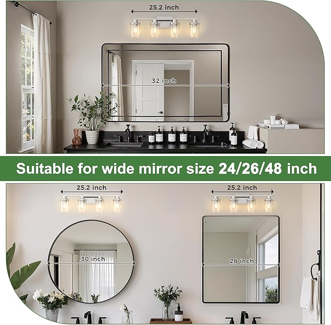 DORESshop 4-Light Vanity Light Fixtures, Chrome Bathroom Light Fixtures Over Mirror with Clear Glass Shade, Modern Vanity Lights for Living Room Bedroom