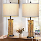 27" Boho Rattan Table Lamps Set of 2, Coastal Bedside Lamp with Night Light, Woven Wicker Bedroom Nightstand Lamps with USB A+C Charging Port, Tall Farmhouse Lamp for Living Room End Table