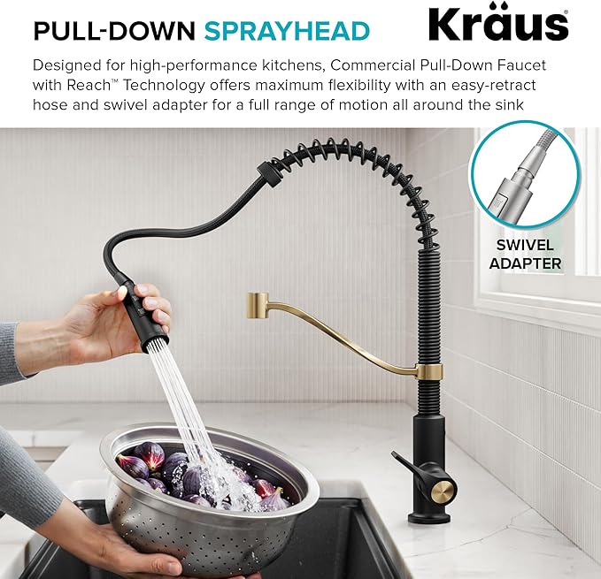 KRAUS Torak Pull Down Kitchen Faucet in Matte Black with Commercial Style Spring Spout, 2 Function Sprayer, Pre-Attached Water Lines, and Mounting Hardware, KPF-2635MB