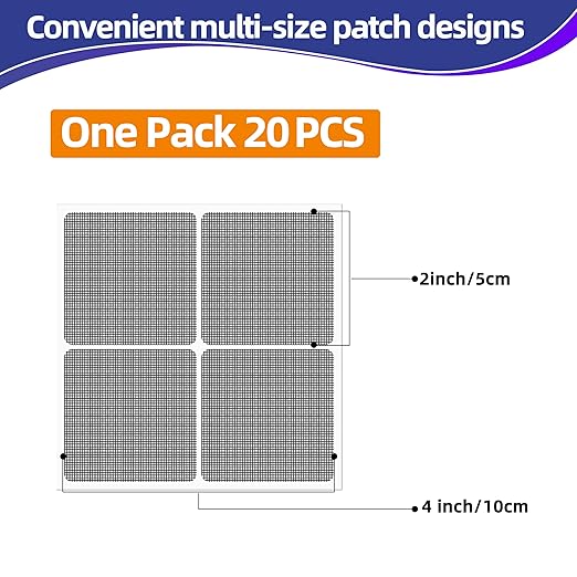 KING MOUNTAIN 20 Sheets Black Window Screen Repair Patches,4×4 in Window Screen Repair Kit for Window Screen and Screen Door Tears Holes, Strong Adhesive Screen Tape Mesh Repair,Quick & Waterproof