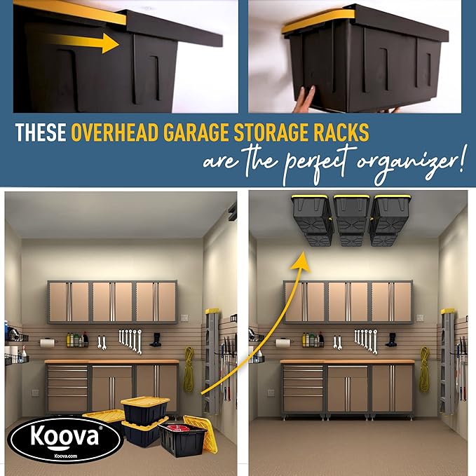 Koova Heavy-Duty Overhead Garage Storage Rack for 6 Bins. Adjustable Width, 240lb Capacity. DIY Safe Mount, Easy Install. Fits 27-Gallon Totes. USA Made Pro-Grade Steel. Space Saving Organizer