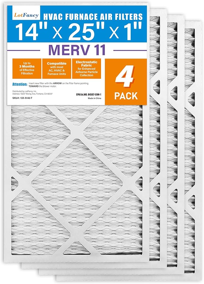 LotFancy 14x25x1 Air Filter MERV 11 Pet Smoke Allergens Defense (4-Pack) Pleated HVAC Furnace Air Filters, Replacement for Home AC & Heating Systems, Actual Size: 13.75" x 24.75" x 0.75"
