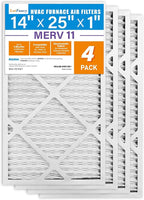 LotFancy 14x25x1 Air Filter MERV 11 Pet Smoke Allergens Defense (4-Pack) Pleated HVAC Furnace Air Filters, Replacement for Home AC & Heating Systems, Actual Size: 13.75" x 24.75" x 0.75"